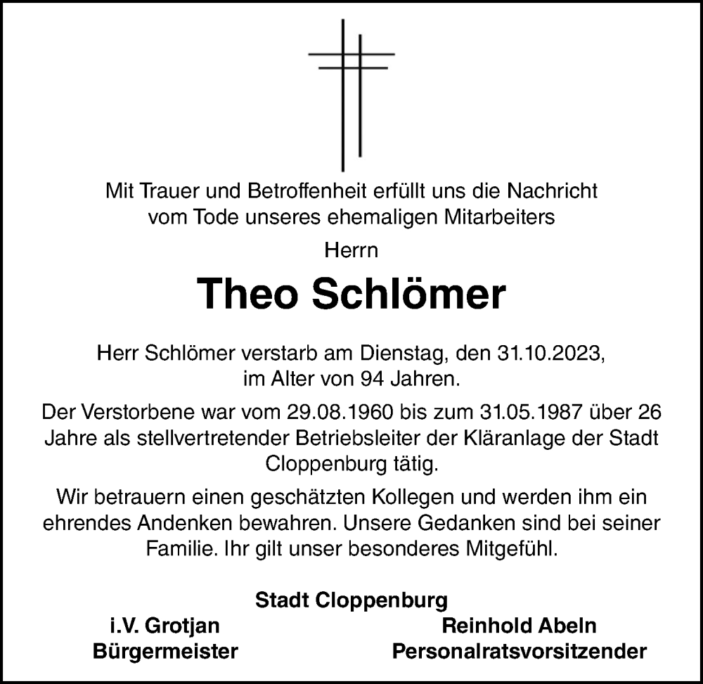  Traueranzeige für Theo Schlömer vom 13.11.2023 aus OM-Medien