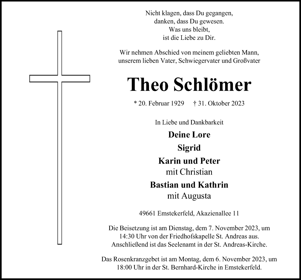  Traueranzeige für Theo Schlömer vom 04.11.2023 aus OM-Medien