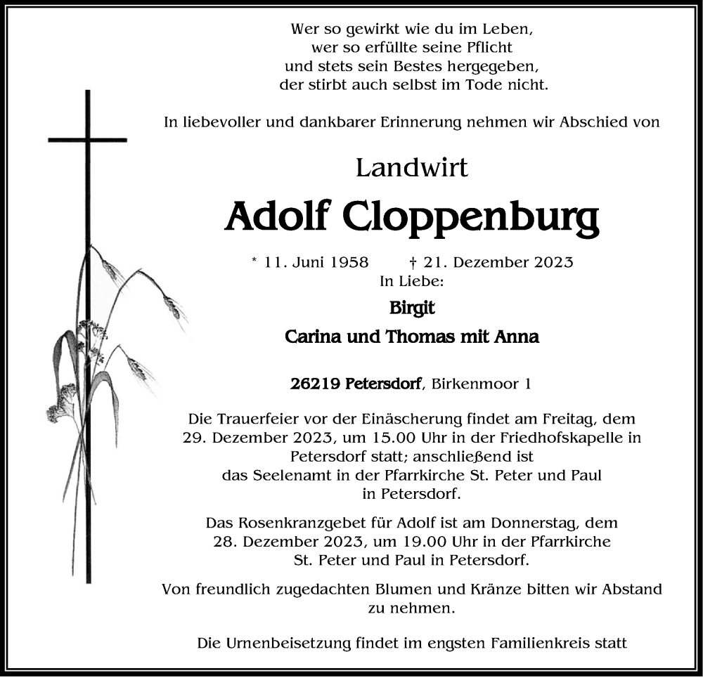  Traueranzeige für Adolf Cloppenburg vom 28.12.2023 aus OM-Medien