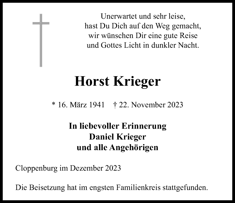  Traueranzeige für Horst Krieger vom 16.12.2023 aus OM-Medien