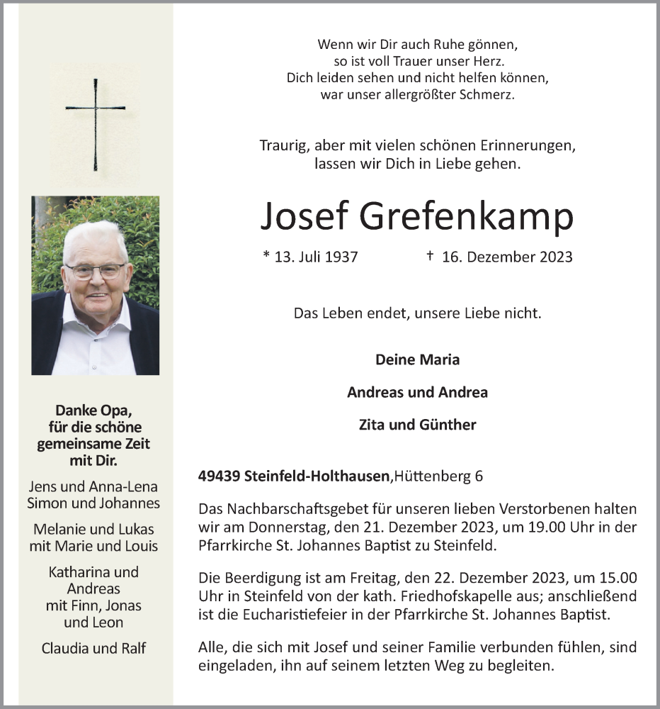  Traueranzeige für Josef Grefenkamp vom 18.12.2023 aus OM-Medien