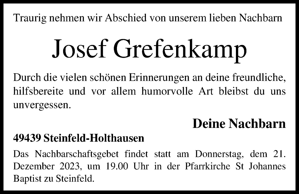  Traueranzeige für Josef Grefenkamp vom 20.12.2023 aus OM-Medien