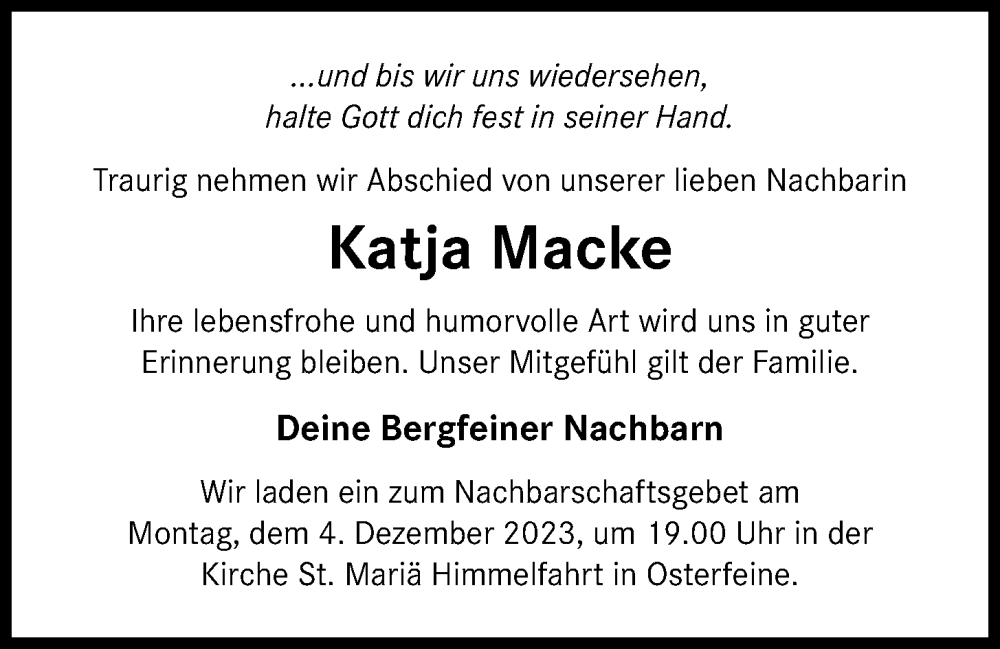  Traueranzeige für Katja Macke vom 02.12.2023 aus OM-Medien