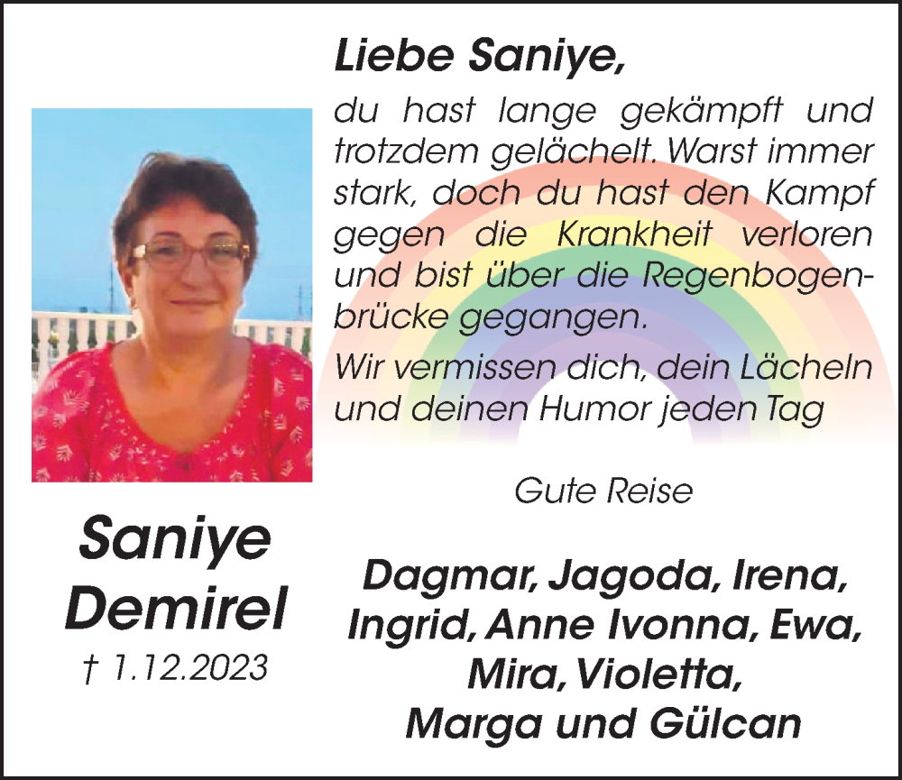  Traueranzeige für Saniye Demirel vom 14.12.2023 aus OM-Medien