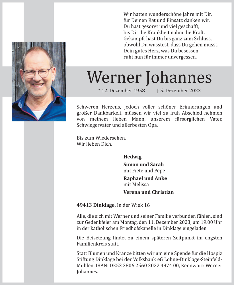  Traueranzeige für Werner Johannes vom 08.12.2023 aus OM-Medien