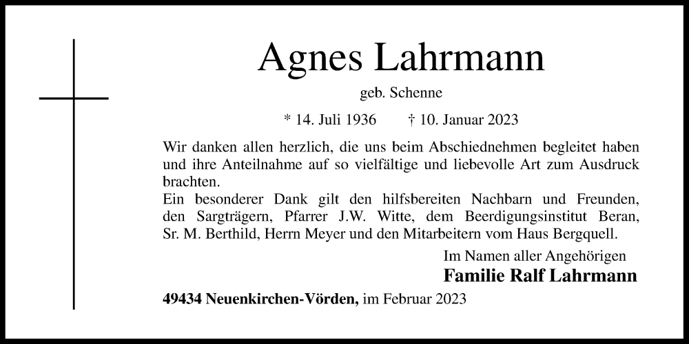  Traueranzeige für Agnes Lahrmann vom 25.02.2023 aus OM-Medien