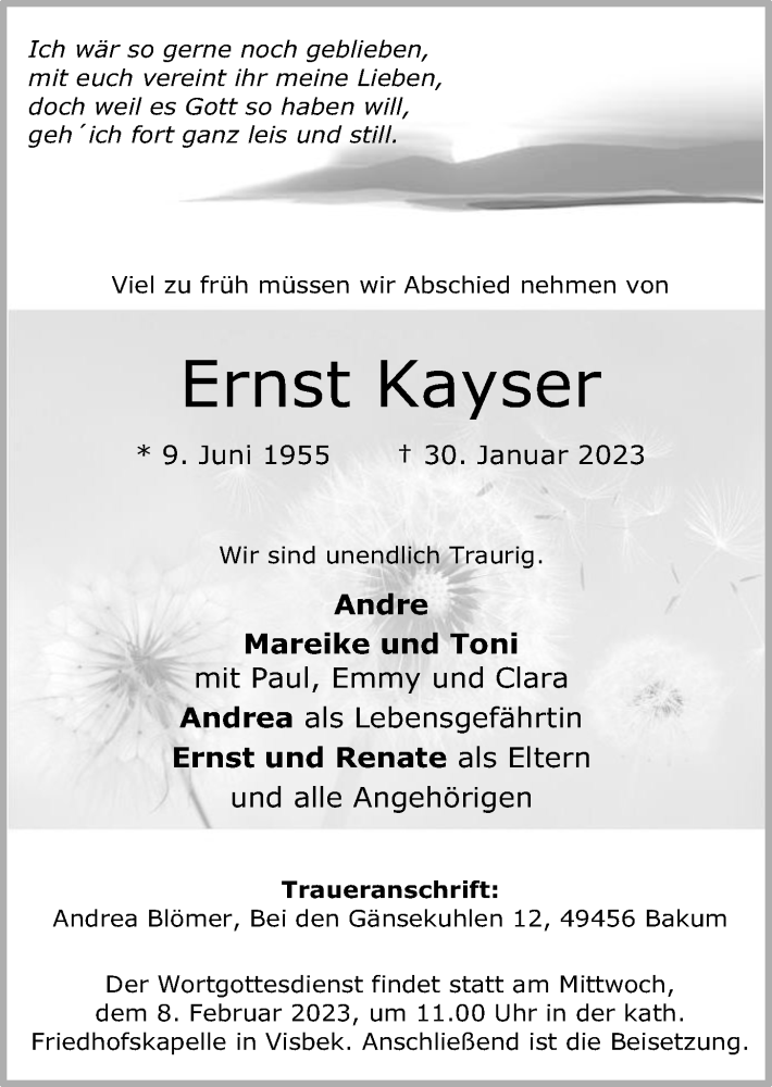  Traueranzeige für Ernst Kayser vom 03.02.2023 aus OM-Medien