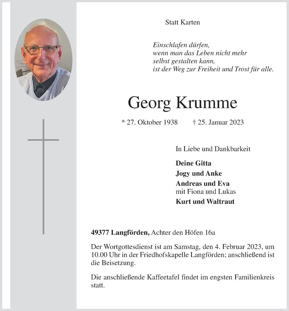 Traueranzeige für Georg Krumme vom 01.02.2023 aus OM-Medien