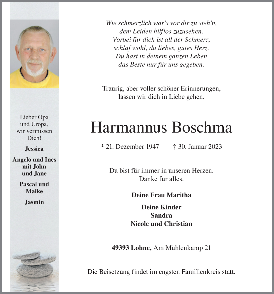 Traueranzeige für Harmannus Boschma vom 02.02.2023 aus OM-Medien