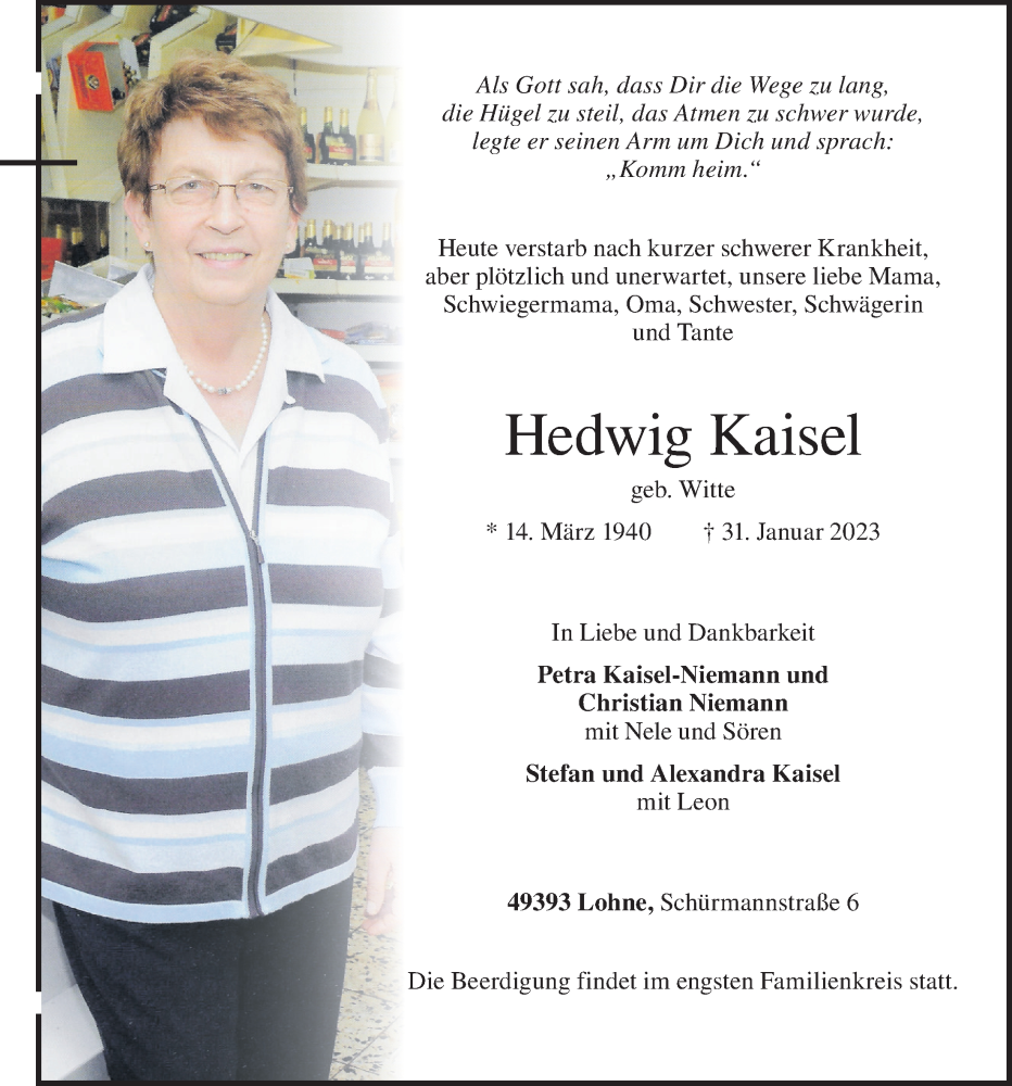  Traueranzeige für Hedwig Kaisel vom 02.02.2023 aus OM-Medien