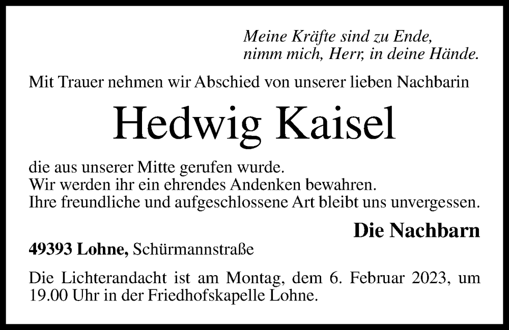  Traueranzeige für Hedwig Kaisel vom 03.02.2023 aus OM-Medien
