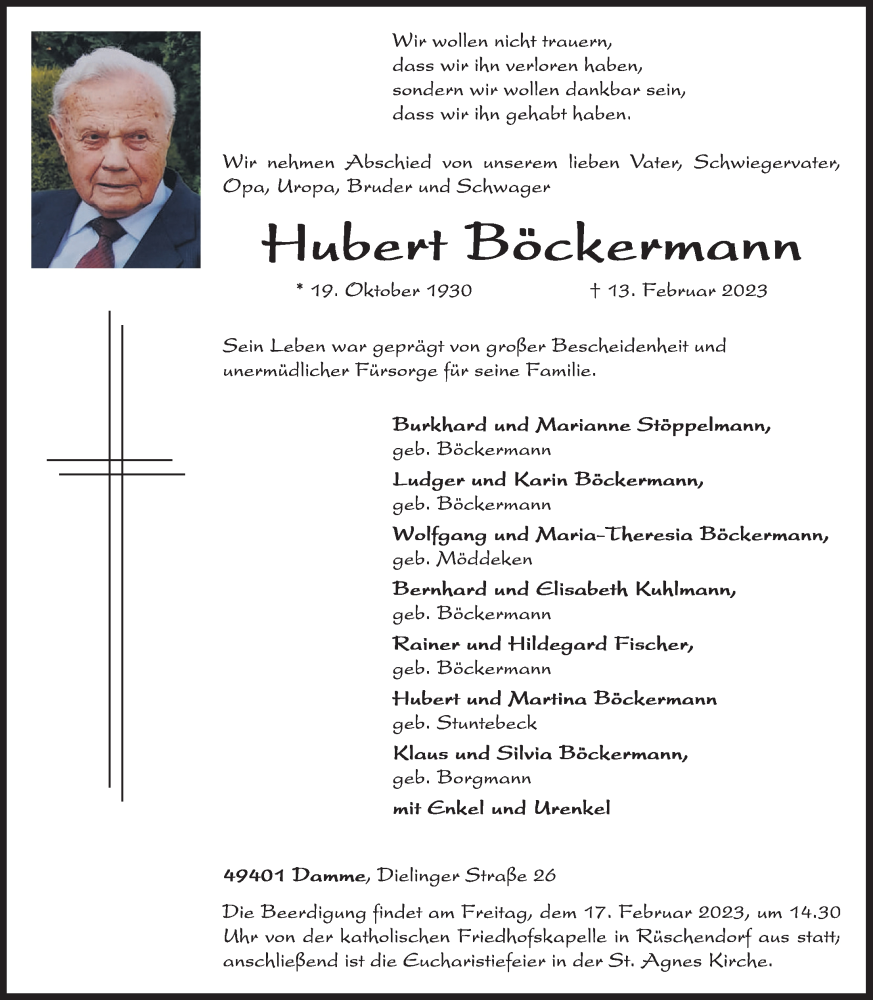  Traueranzeige für Hubert Böckermann vom 15.02.2023 aus OM-Medien