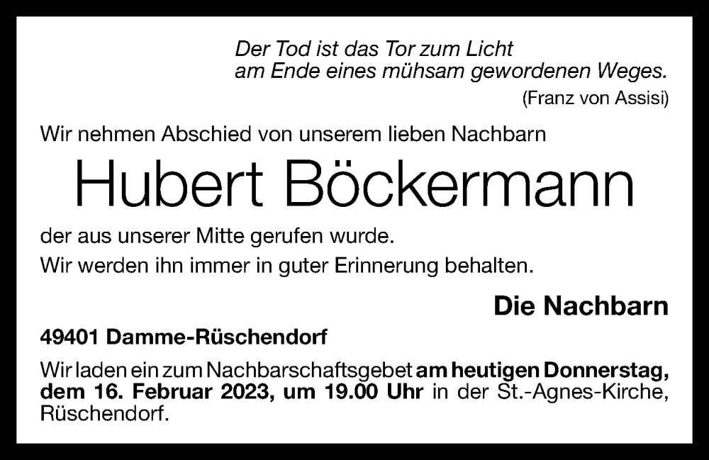  Traueranzeige für Hubert Böckermann vom 16.02.2023 aus OM-Medien