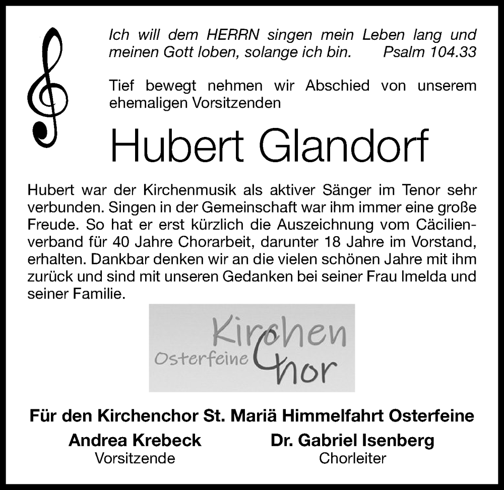  Traueranzeige für Hubert Glandorf vom 08.02.2023 aus OM-Medien