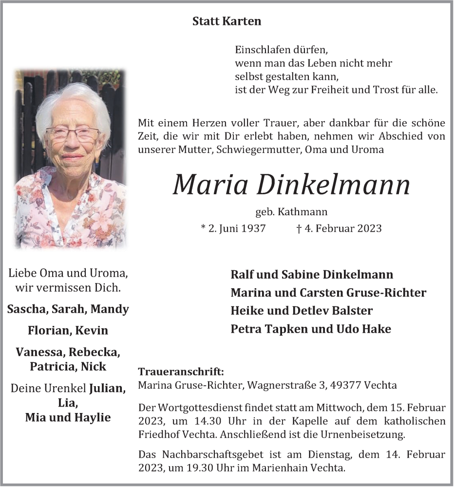  Traueranzeige für Maria Dinkelmann vom 08.02.2023 aus OM-Medien