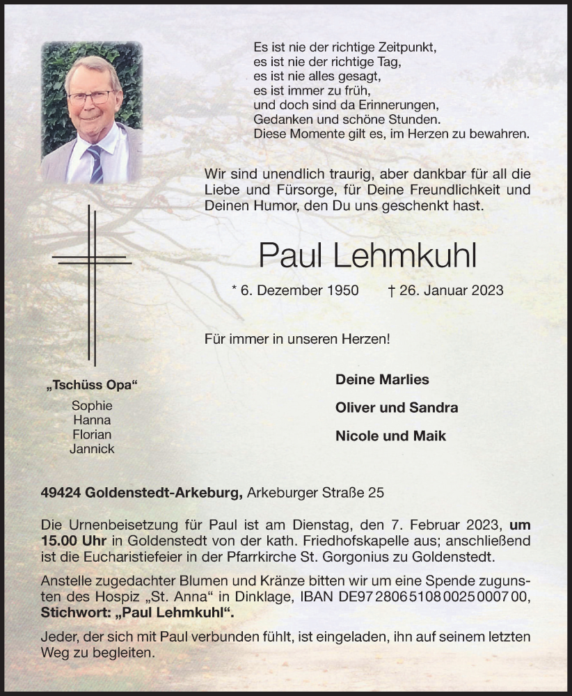  Traueranzeige für Paul Lehmkuhl vom 02.02.2023 aus OM-Medien