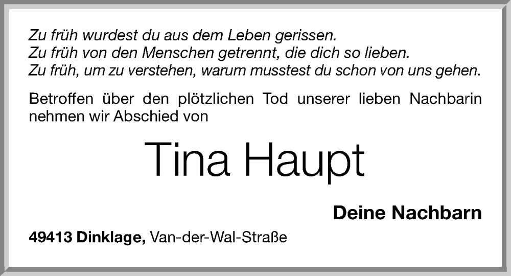  Traueranzeige für Tina Haupt vom 18.02.2023 aus OM-Medien