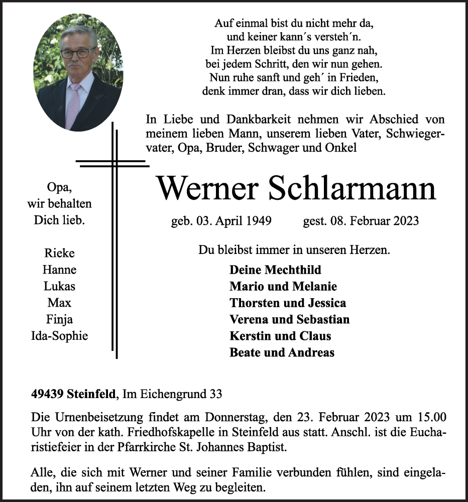  Traueranzeige für Werner Schlarmann vom 20.02.2023 aus OM-Medien