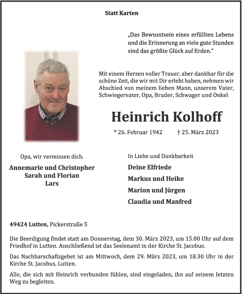  Traueranzeige für Heinrich Kolhoff vom 27.03.2023 aus OM-Medien