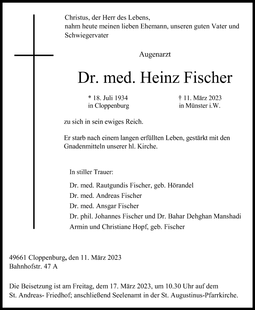  Traueranzeige für Heinz Fischer vom 15.03.2023 aus OM-Medien