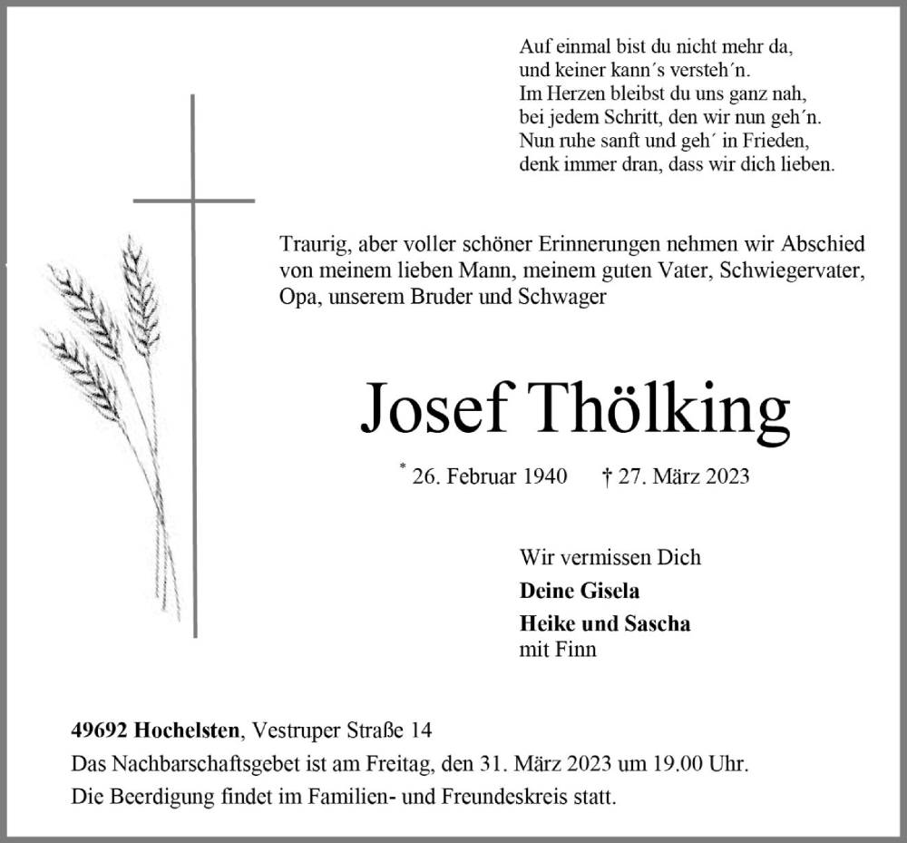  Traueranzeige für Josef Thölking vom 29.03.2023 aus OM-Medien
