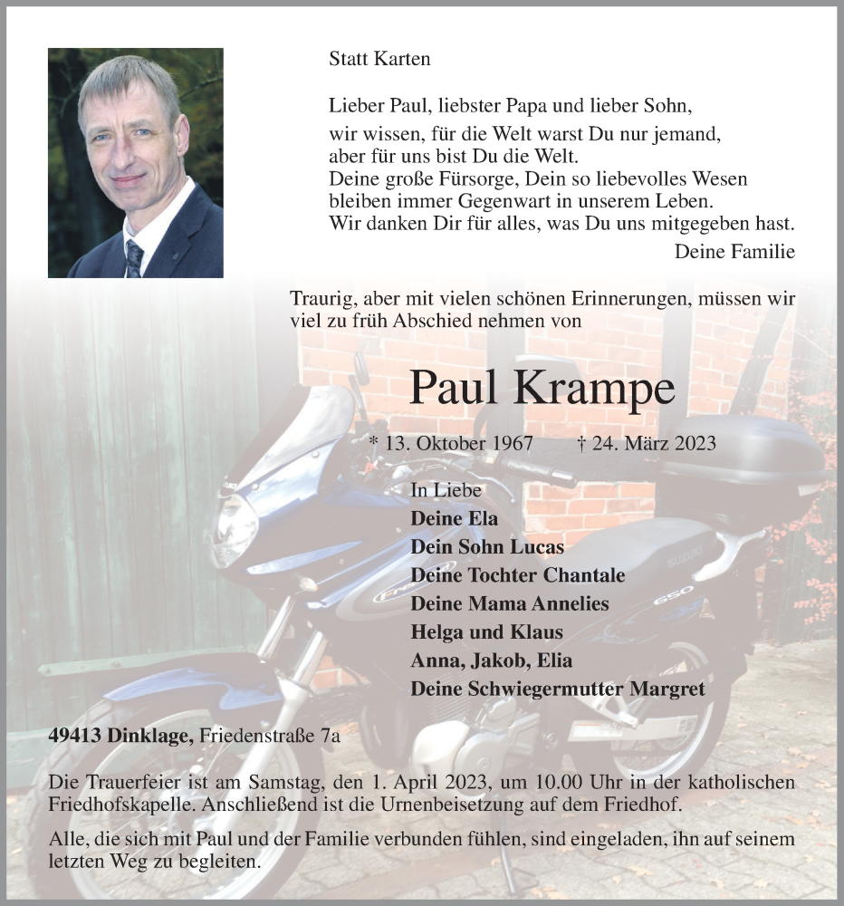  Traueranzeige für Paul Krampe vom 28.03.2023 aus OM-Medien