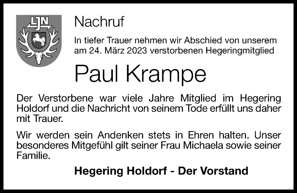  Traueranzeige für Paul Krampe vom 29.03.2023 aus OM-Medien