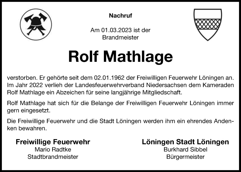  Traueranzeige für Rolf Mathlage vom 14.03.2023 aus OM-Medien