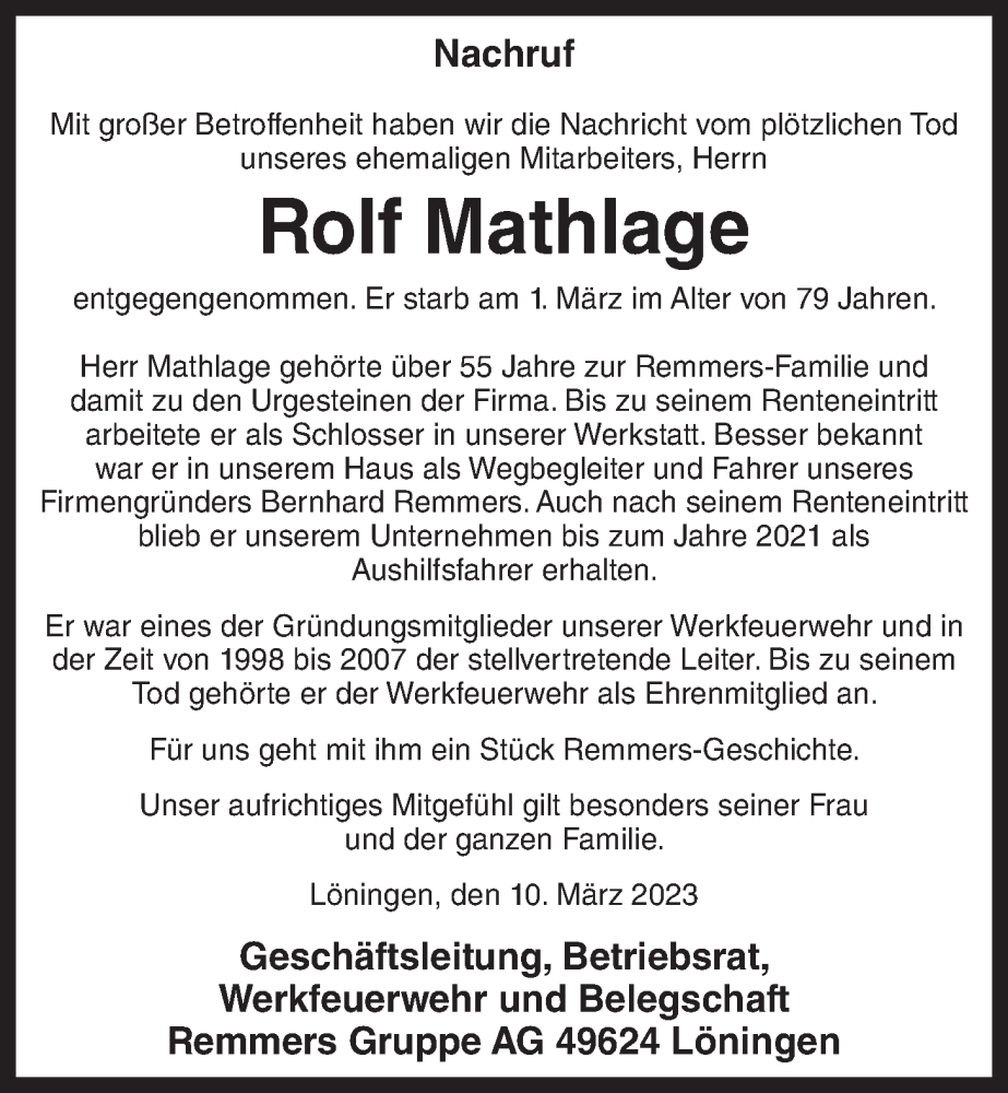  Traueranzeige für Rolf Mathlage vom 10.03.2023 aus OM-Medien
