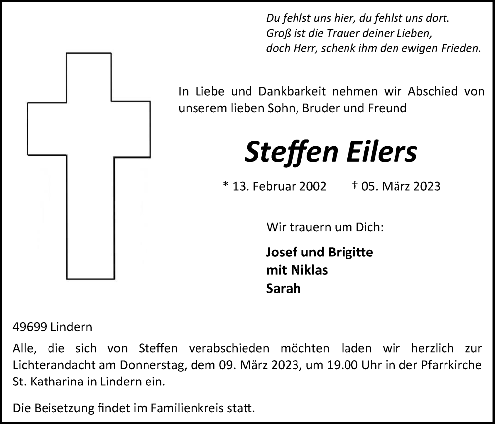  Traueranzeige für Steffen Eilers vom 09.03.2023 aus OM-Medien