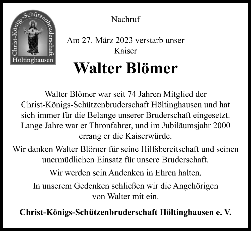  Traueranzeige für Walter Blömer vom 30.03.2023 aus OM-Medien