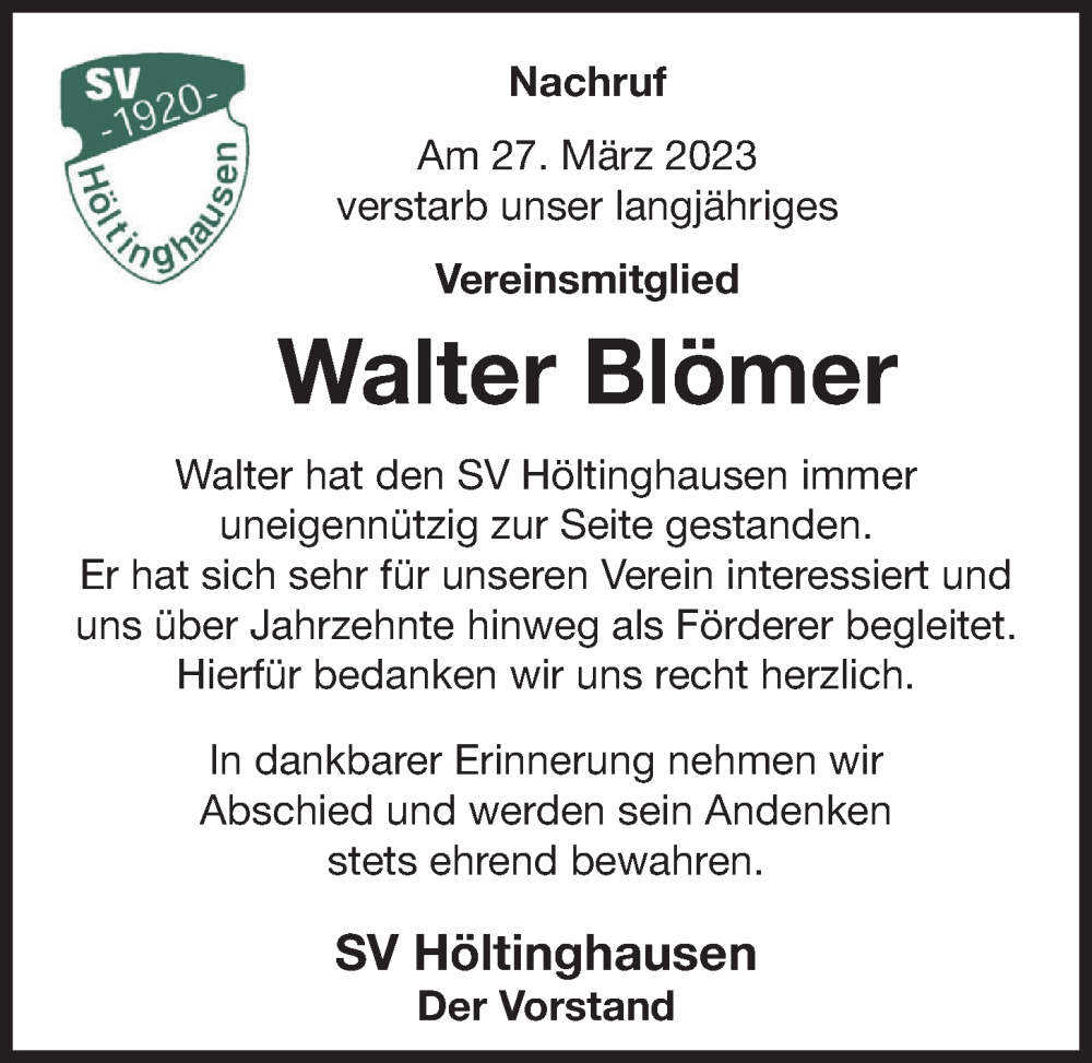  Traueranzeige für Walter Blömer vom 31.03.2023 aus OM-Medien