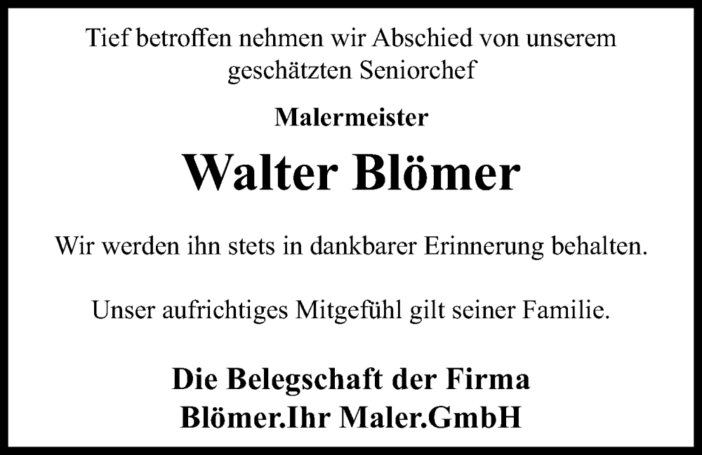  Traueranzeige für Walter Blömer vom 29.03.2023 aus OM-Medien