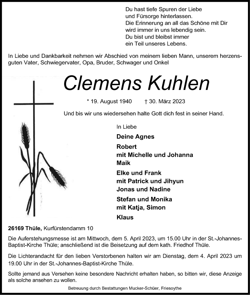  Traueranzeige für Clemens Kuhlen vom 01.04.2023 aus OM-Medien