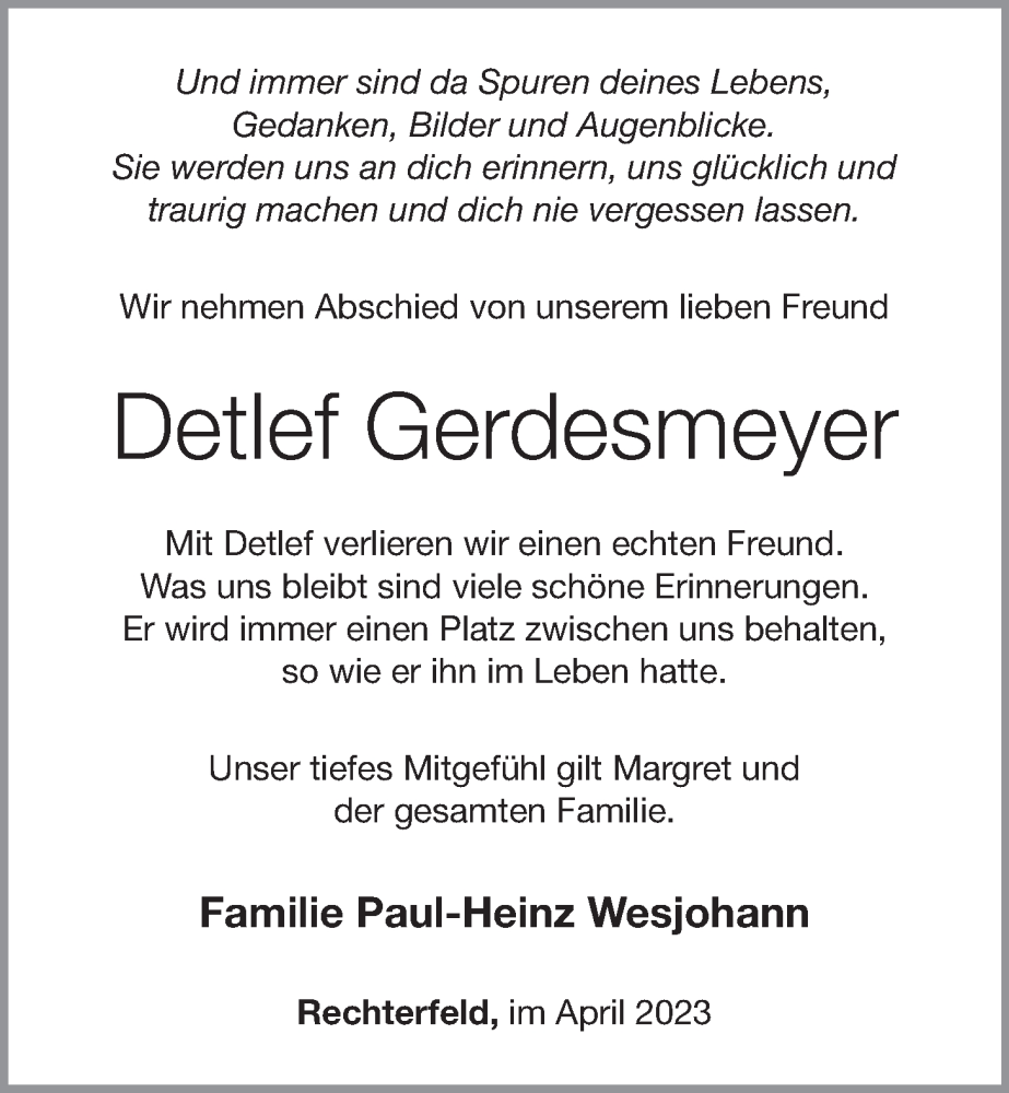  Traueranzeige für Detlef Gerdesmeyer vom 24.04.2023 aus OM-Medien