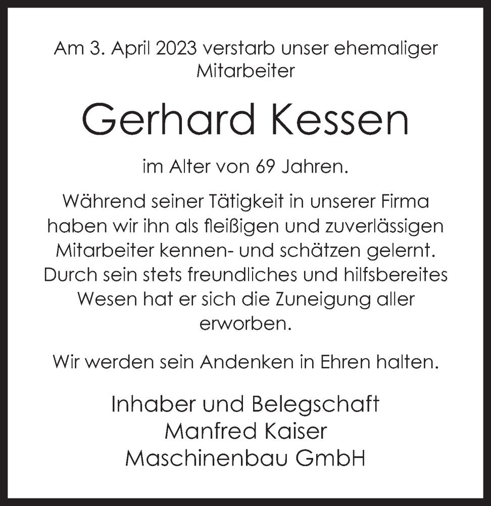  Traueranzeige für Gerhard Kessen vom 06.04.2023 aus OM-Medien