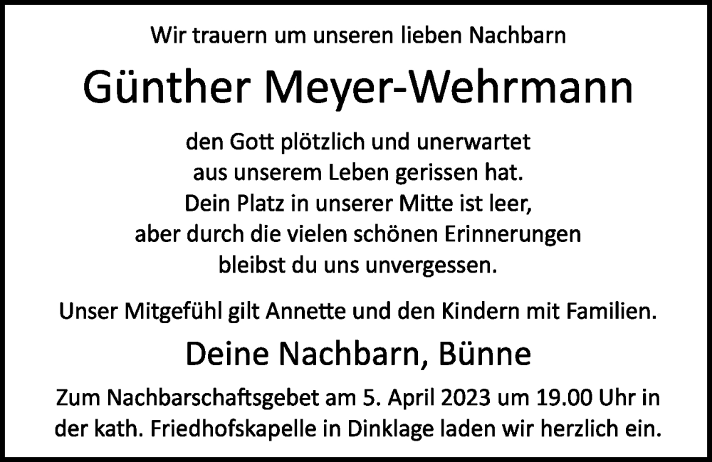 Traueranzeige für Günther Meyer-Wehrmann vom 03.04.2023 aus OM-Medien