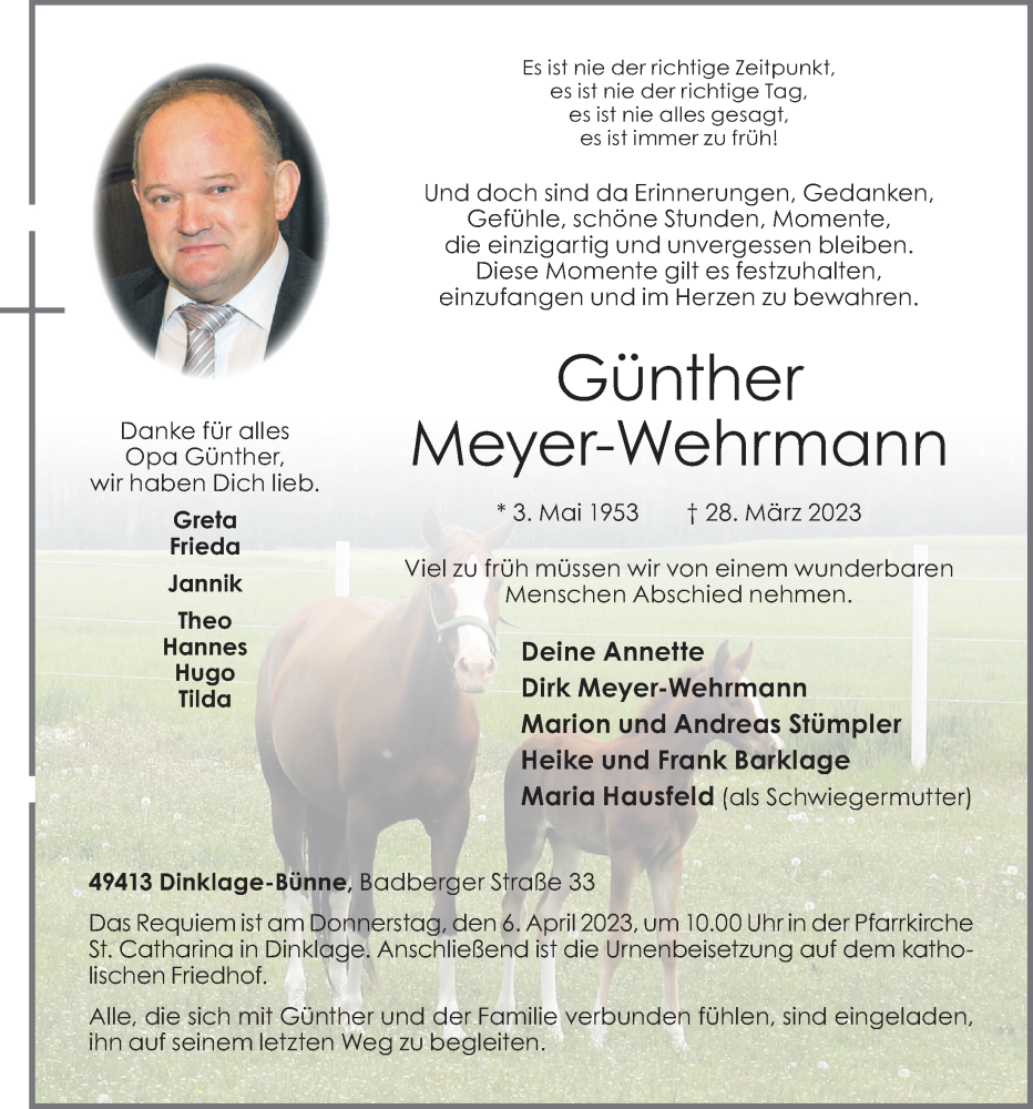  Traueranzeige für Günther Meyer-Wehrmann vom 01.04.2023 aus OM-Medien