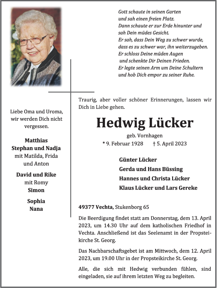  Traueranzeige für Hedwig Lücker vom 08.04.2023 aus OM-Medien