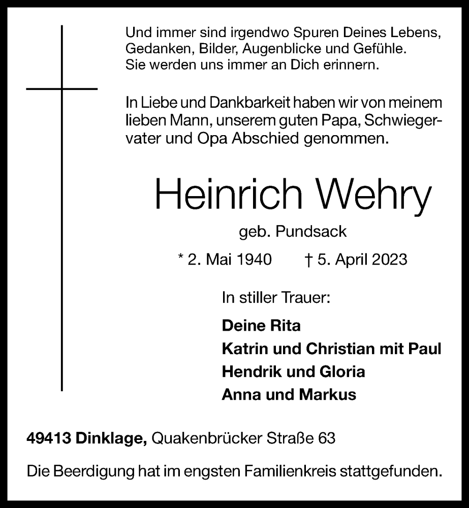  Traueranzeige für Heinrich Wehry vom 15.04.2023 aus OM-Medien