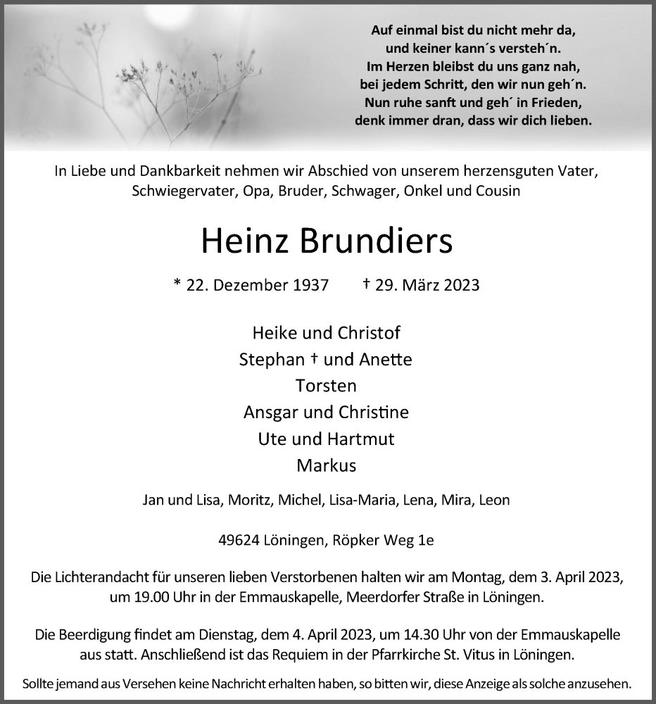 Traueranzeige für Heinz Brundiers vom 01.04.2023 aus OM-Medien