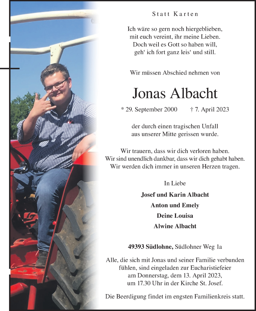  Traueranzeige für Jonas Albacht vom 11.04.2023 aus OM-Medien