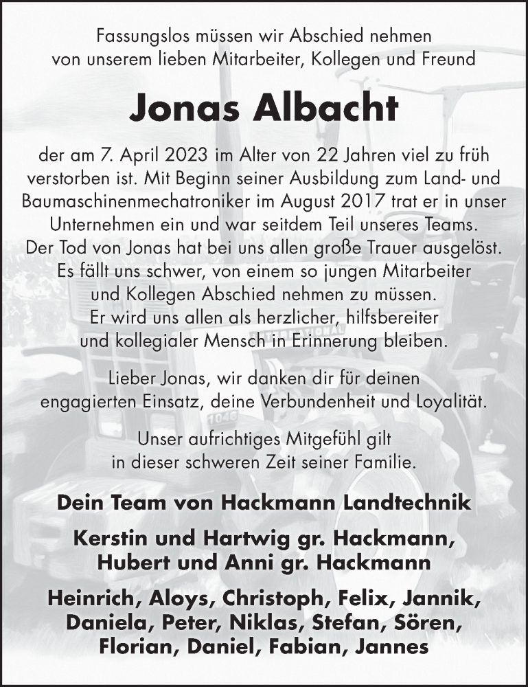  Traueranzeige für Jonas Albacht vom 12.04.2023 aus OM-Medien
