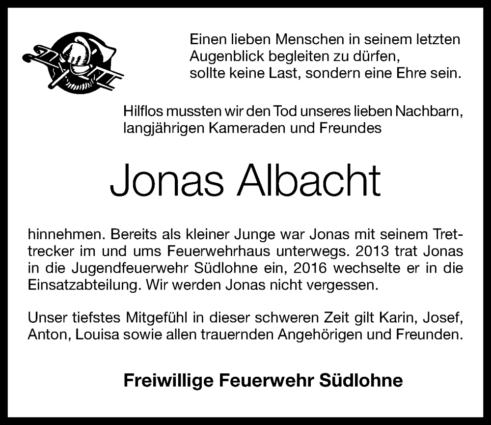  Traueranzeige für Jonas Albacht vom 13.04.2023 aus OM-Medien