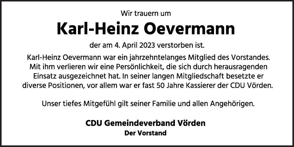  Traueranzeige für Karl-Heinz Oevermann vom 06.04.2023 aus OM-Medien