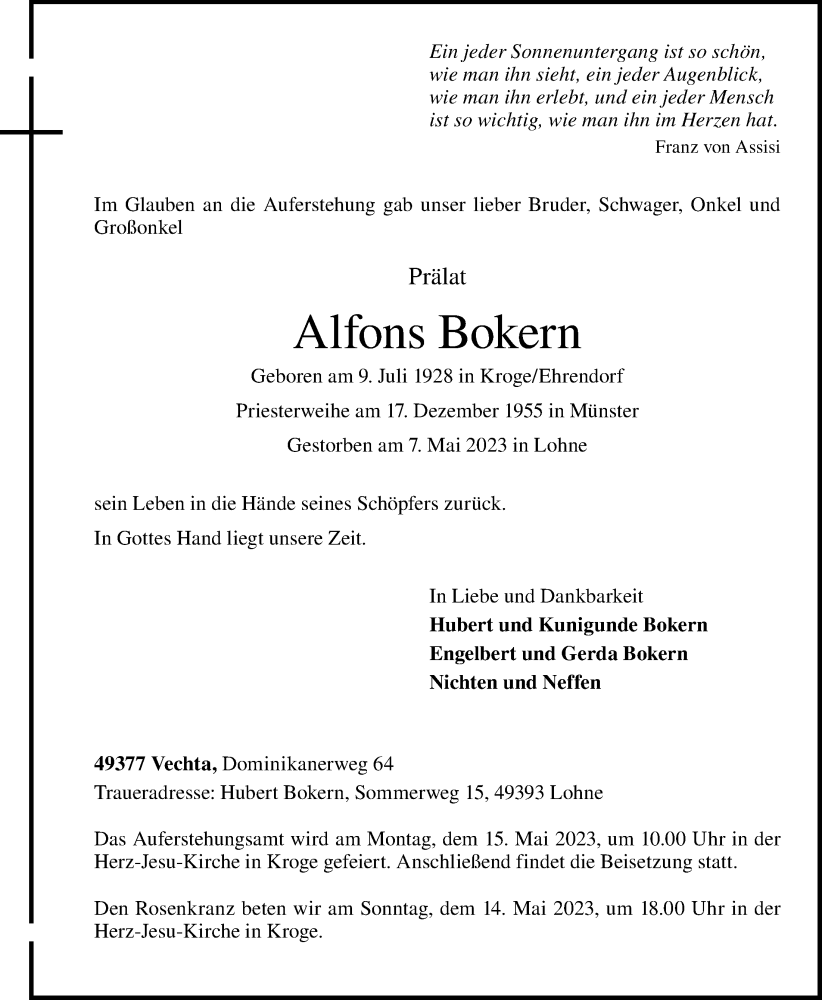  Traueranzeige für Alfons Bokern vom 10.05.2023 aus OM-Medien