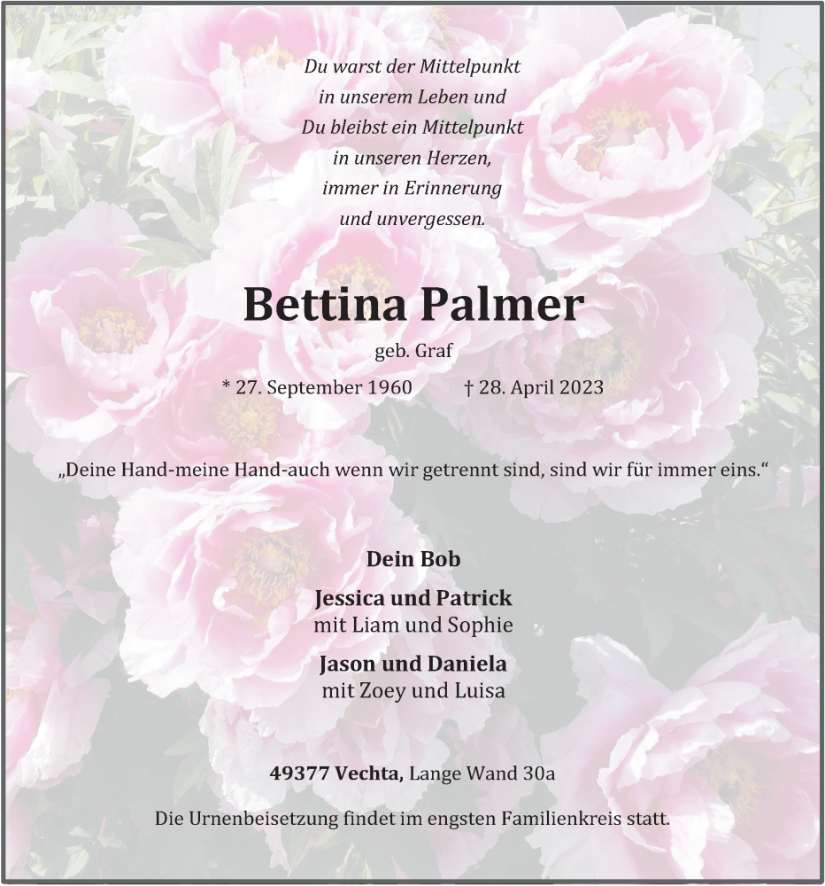  Traueranzeige für Bettina Palmer vom 06.05.2023 aus OM-Medien