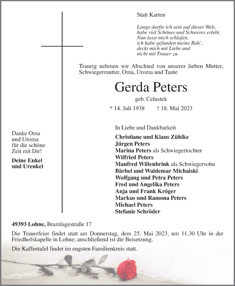  Traueranzeige für Gerda Peters vom 22.05.2023 aus OM-Medien