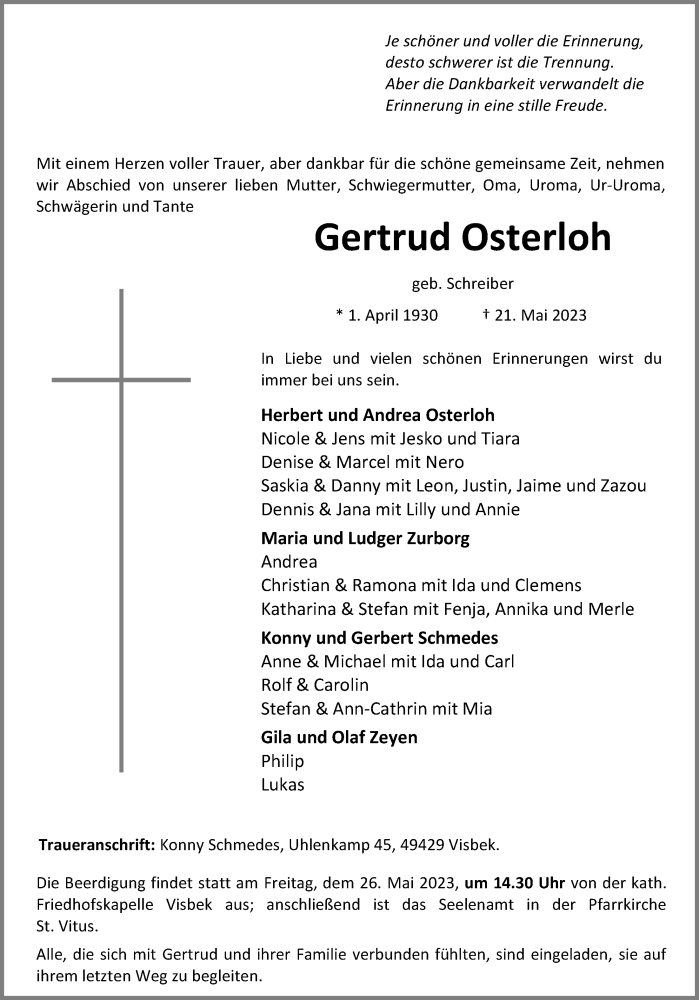  Traueranzeige für Gertrud Osterloh vom 24.05.2023 aus OM-Medien