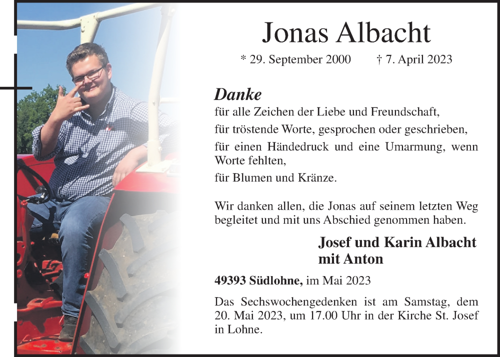  Traueranzeige für Jonas Albacht vom 20.05.2023 aus OM-Medien